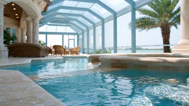 Luxurious indoor swimming pool with spa and panoramic ocean views, resort-style living
