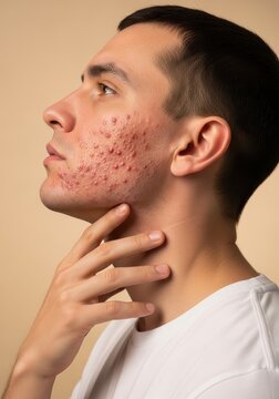 Young Man with Severe Acne and Skin Inflammation on Cheek Profile View for Dermatology and Skincare Concept
