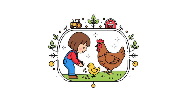 child with chicken and chick on farm
