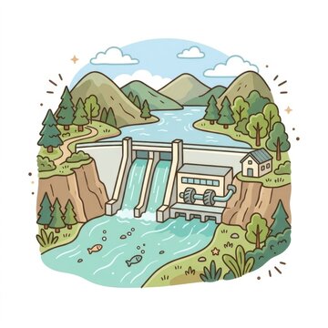 Cartoon hydroelectric dam illustration with mountains and river