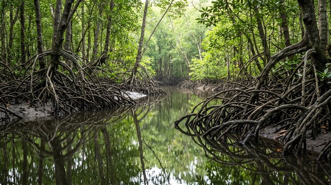 Lush Green Mangrove Forest with Intricate Aerial Roots Reflecting in Calm Tropical Water