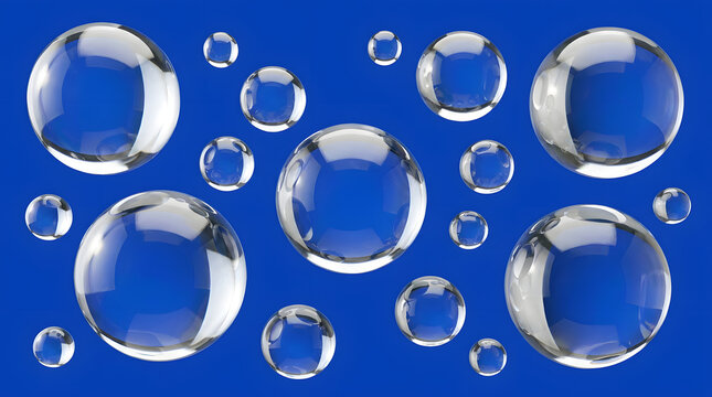 Water Droplet Abstract: Numerous transparent water droplets of varying sizes are scattered across a vibrant blue background, creating a mesmerizing abstract pattern that suggests purity and clarity.