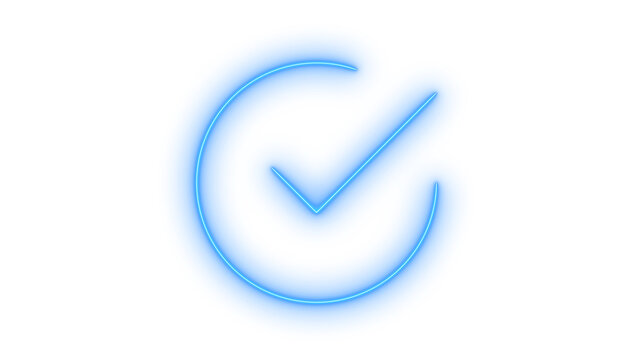 Glowing neon check mark icon isolated on transparent background. Approved symbol. Yes tick sign. Ok button. Complete checklist. Success indicator.