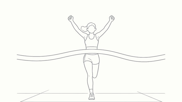 Line Art of Female Runner Breaking Finish Line with Arms Raised in Victory Pose