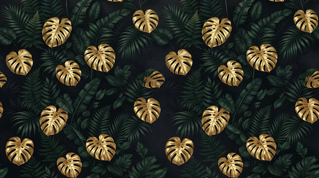 Seamless pattern of gold monstera leaves over a dense dark green tropical jungle background with monstera tropical metallic botanical background abstract