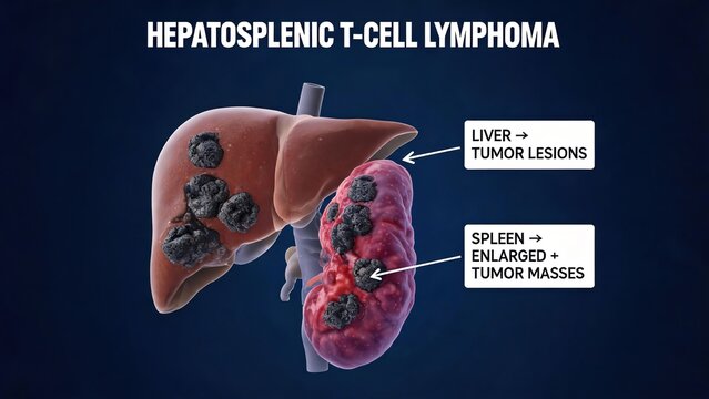 Labeled 3D anatomical render of Hepatosplenic T-Cell Lymphoma, human liver and enlarged spleen with malignant lymphoma tumor masses, medical pathology graphic