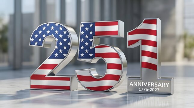 3D 251st USA Anniversary Metallic Number 251 with American Flag Texture, 1776-2027 Celebration Concept