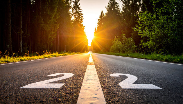 A sunlit road leads toward bright sunlight, between tall, lush trees. The number "22" painted on the road signifies a specific year