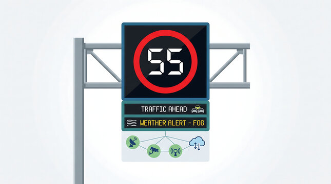 Digital highway sign displaying a 55 mph speed limit, traffic ahead, and a weather alert for fog, with connected sensor icons below.