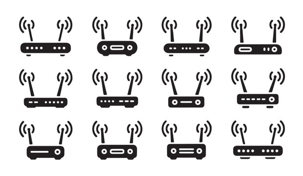 Set of black network wireless router icons featuring various modern communication device designs for connection.