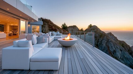 Obraz premium Luxurious Modern Cliffside Deck with Ocean View Fire Pit and White Sectional Sofa at Sunset