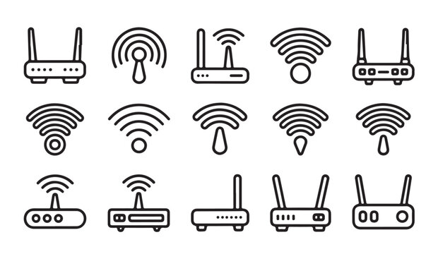 Set of wireless internet router icons and wifi signal symbols on white background.