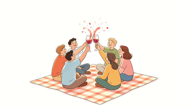 Friends Toasting With Wine On A Checkered Picnic Blanket, Joyful Gathering Illustration