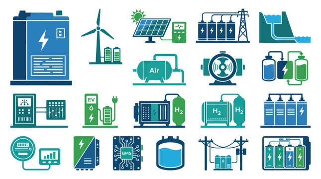 Energy Storage, Renewable Power Systems  Infrastructure Flat Icons Set. Sustainable Technology Concepts.