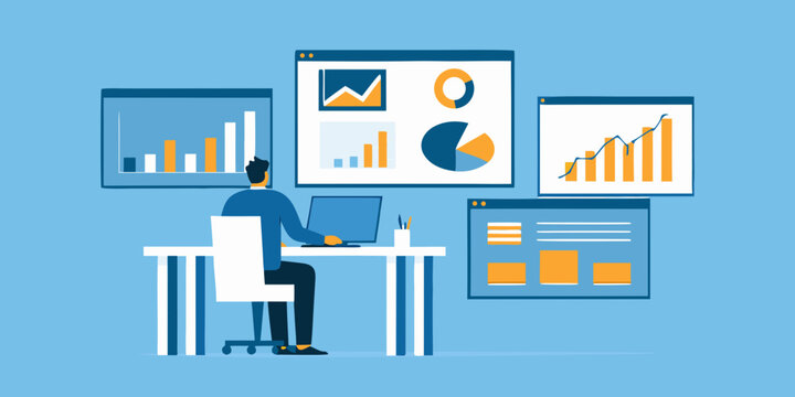 data analyst working on computer flat vector illustration charts graphs desk office business analytics professional workplace statistics monitor software analysis visual infographic blue