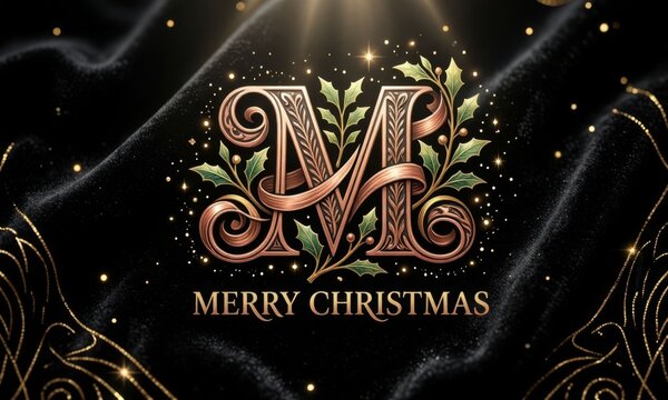 Elegant gold Merry Christmas greeting card with festive holiday letter M. Luxurious metallic holiday typography design for seasonal promotions and...