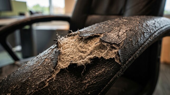 Close-up of a severely damaged and worn-out office chair armrest, showing peeling faux leather and exposed padding.