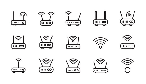 Internet router line icons set showing various wifi modem designs for home and office network connectivity.