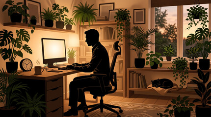 Fototapeta premium Professional Man Working on Desktop Computer Home Office with Plants and Sleeping Cat Silhouette Vector Collection