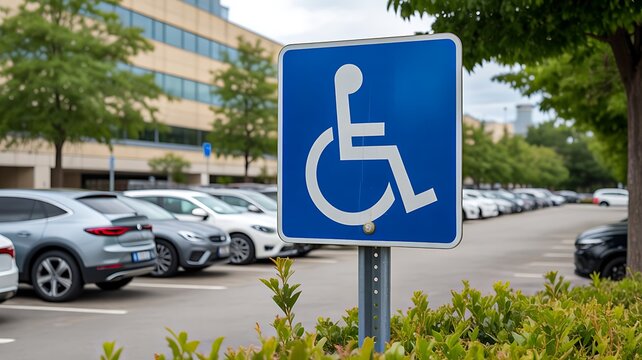 Accessible parking sign beside parking area with parked vehicles in business district