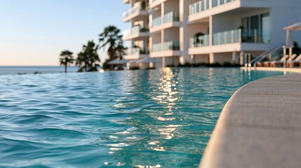 Fototapeta premium Luxury resort infinity pool overlooking the ocean at sunset, palm trees and modern hotel building