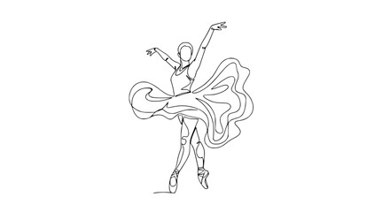 Elegant continuous line drawing of a ballerina in graceful pose, dynamic movement, white background © Yusuf