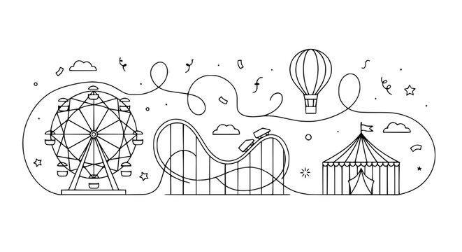 Amusement park line art: Ferris wheel, roller coaster, hot air balloon, circus tent