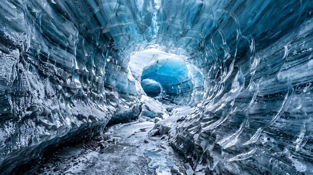 An ethereal ice cave with a glowing blue tunnel, a natural wonder in nature