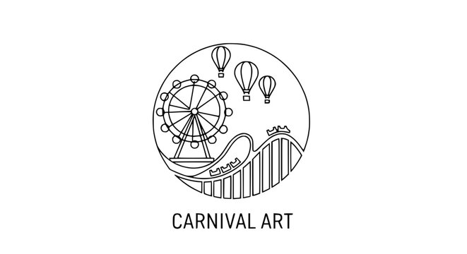Carnival Art: Ferris Wheel, Roller Coaster, Hot Air Balloons - Line Art Icon
