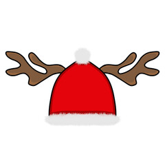 A simple 2D vector illustration of a red Santa Claus hat with fluffy white trim and pom-pom, decorated with brown reindeer antlers, isolated on a white background. © nade