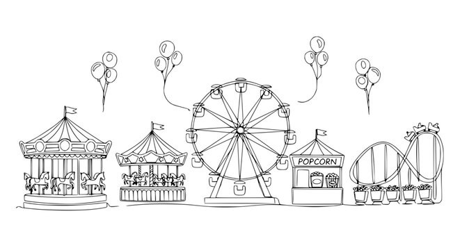 Hand-drawn sketch of a carnival scene with carousel, Ferris wheel, rollercoaster, and popcorn stand.