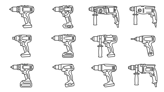 Collection of power drill and hammer drill outlines for construction and diy projects