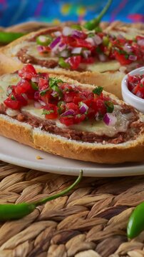 Two savory toasted bread bites served with fresh chili peppers. Mexican molletes