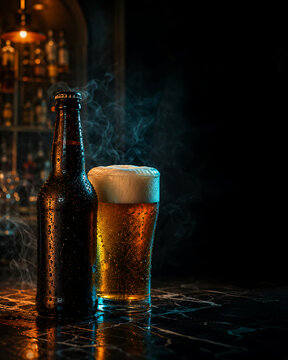 Chilled Beer Bottle and Glass with Foam and Smoke in Dark Bar
