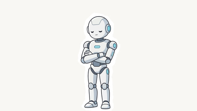 Cute White Robot Standing with Arms Crossed and Closed Eyes in Minimalist Style
