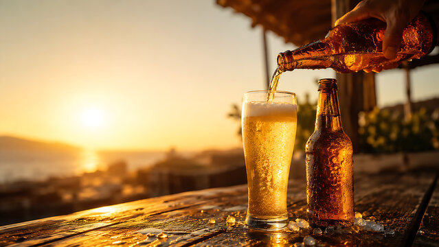 Pouring Cold Beer into Glass on Wooden Table at Sunset Beach Bar

