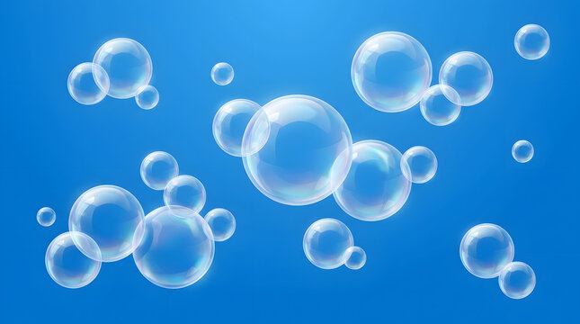 Bubbles in Blue: A cluster of transparent, iridescent bubbles drift and float against a vibrant blue background, evoking a sense of lightness and purity.