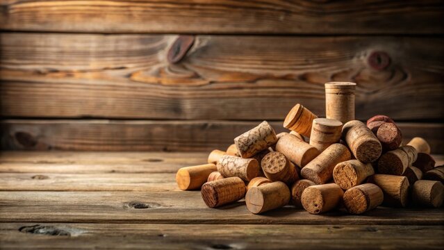 A rustic pile of wine corks rests on a weathered wooden surface