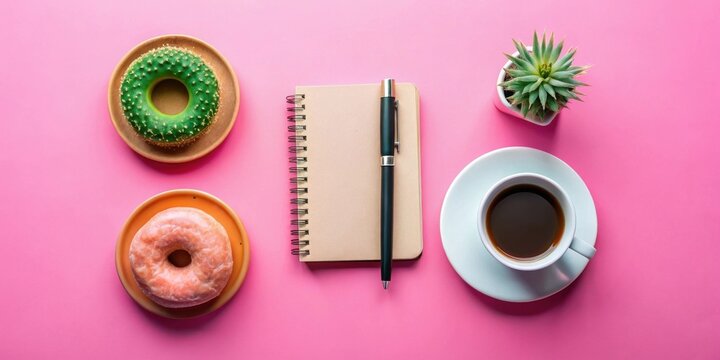 A delightful arrangement featuring a spiral notepad, pen, coffee, succulent plant, and two sweet treats on a vibrant pink background