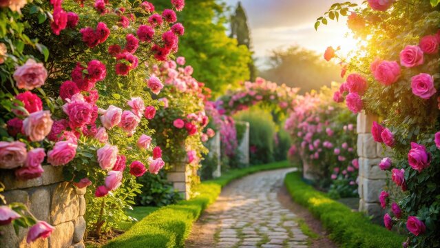Romantic Rose Garden Path at Sunset A Serene Stroll Through Blooming Flowers