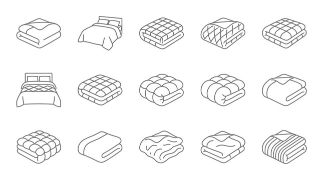 Collection of stylized bedding and blanket icons in isometric view