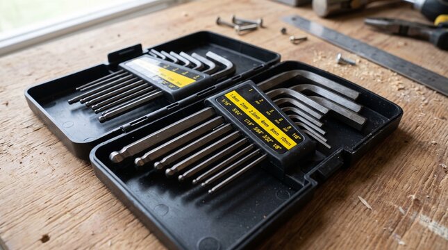 Set of l hex keys in plastic case on a wooden workbench