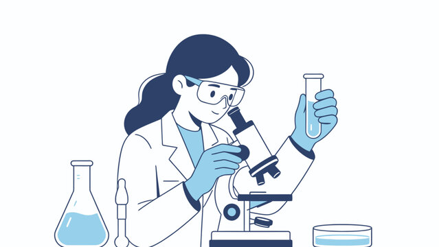 Female Scientist in Lab Coat Analyzing Samples with Microscope and Test Tubes