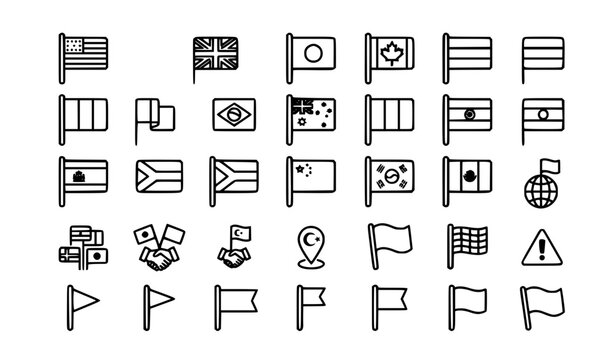 World Flags Line Icon Set with International Country Banner and Flag Outline Vector Collection