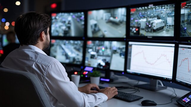 Security professional monitors multiple surveillance camera feeds on a bank of screens in a dimly lit control room