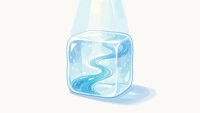 Glowing translucent ice cube with swirling blue water inside, soft light rays from above, serene fantasy art