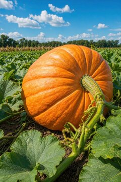 Vibrant giant pumpkin thriving in lush organic farm field under bright sunny sky, autumn harvest concept with vibrant green foliage