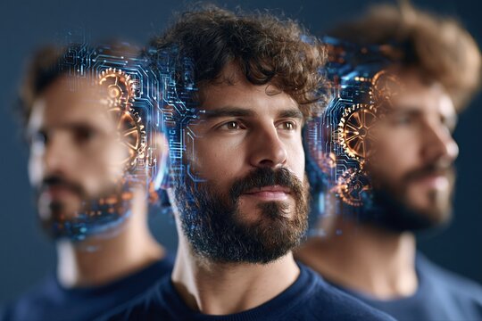 Futuristic man with glowing digital circuits integrated into his mind, representing AI and technology advancement