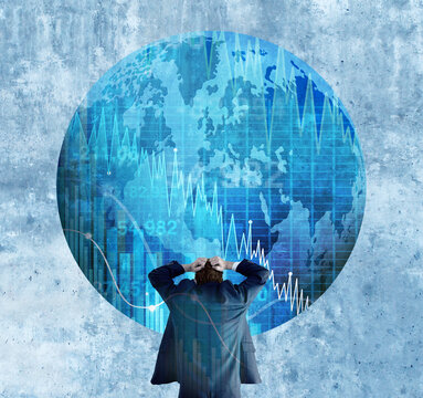 Geopolitical economic uncertainty concept illustrating the volatility of global stock markets and commodity prices driven by wars political instability trade tensions sanctions inflation and shifting 