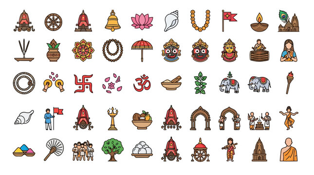 Set of colorful flat icons representing traditional Hindu culture and religious symbols.